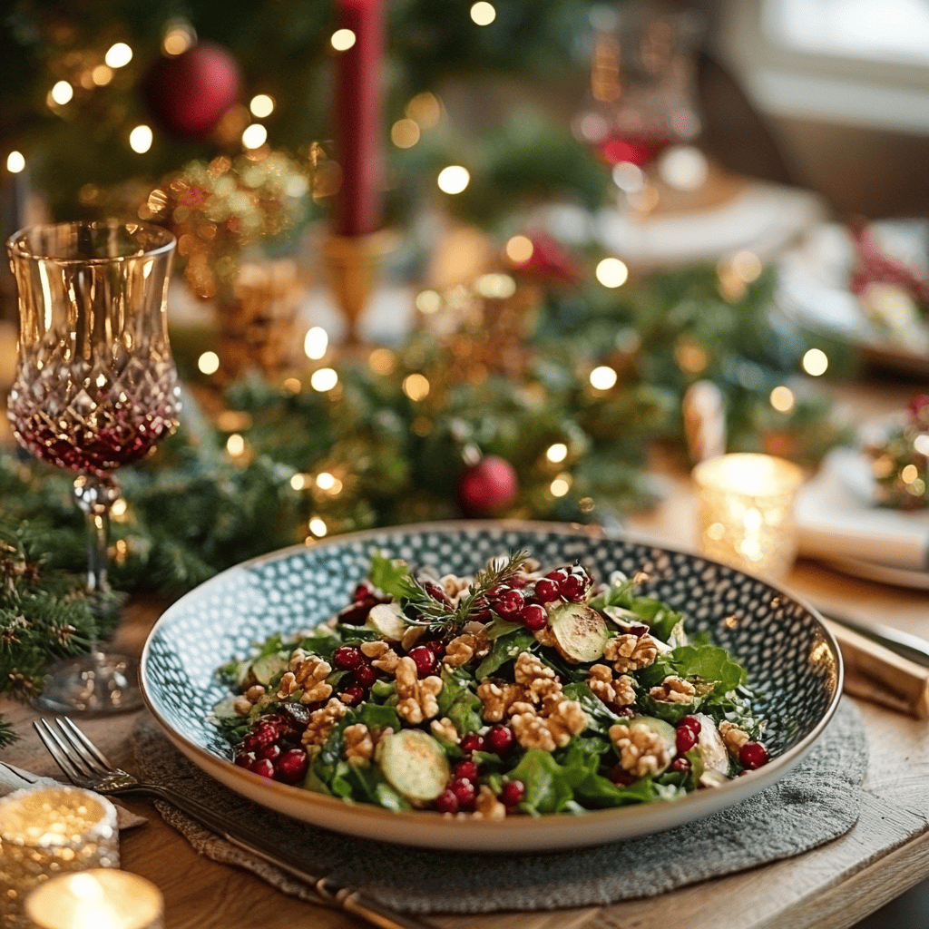 Une collection de salades de Noël végétariennes colorées et équilibrées, mettant en avant des ingrédients frais et festifs comme les épinards, les grenades, les noix et les patates douces.