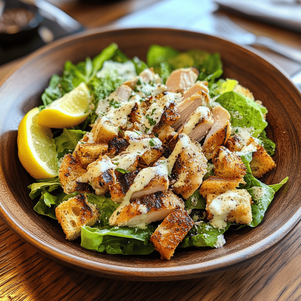 Salade César au poulet avec laitue romaine, croûtons dorés, poulet grillé et sauce César maison