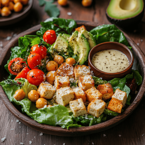 Salade César végétarienne avec laitue romaine, croûtons, tofu grillé, pois chiches rôtis, tomates cerises, tranches d’avocat et copeaux de parmesan sur une table en bois.
