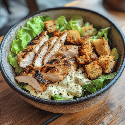 Salade César au poulet avec laitue romaine, croûtons maison et sauce César crémeuse, servie dans un bol élégant sur une table en bois.