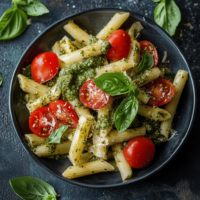 préparation de salade de pates au pesto